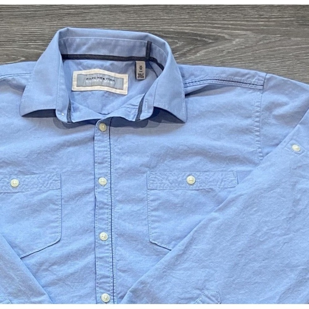 Marc New York Andrew Marc Mens Blue Long Sleeve Button Down Shirt Pockets Cuff M